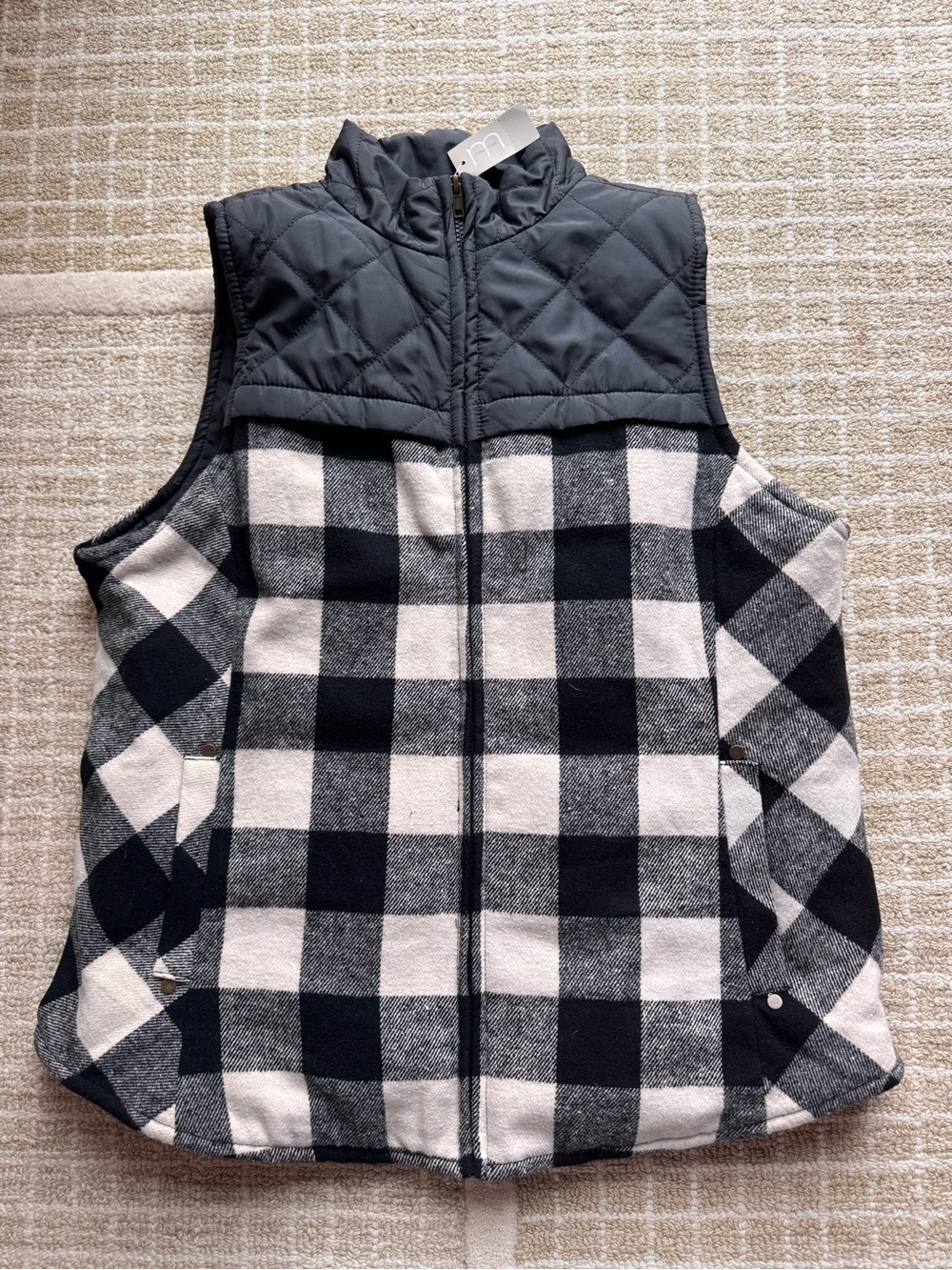 Maurices Black & White Buffalo Plaid Quilted Yoke Vest
